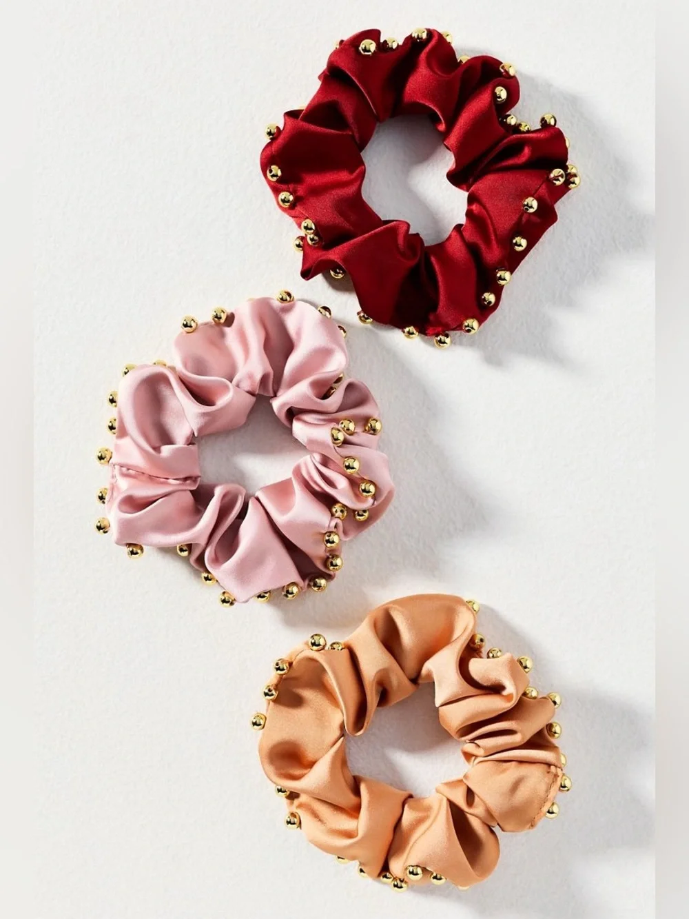 Anthropologie Gold-Beaded Satin Scrunchie Trio - Red, Pink & Tan NWT